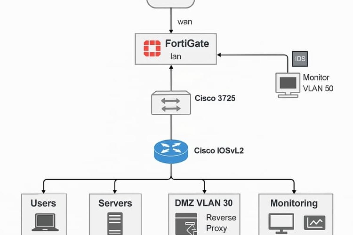 Configuration d’un réseau sécurisé avec FortiGate, Cisco, et serveurs virtuels